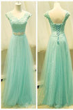 Floor-Length Mint Green Lace Cap Sleeve Sweetheart Lace Up A Line Prom Dress