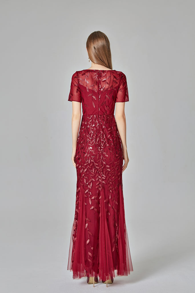 Elegant Mermaid Burgundy Tulle Prom Dresses Round Neck Long Evening Dresses XU90801