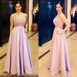 Elegant V-Neck Lavender Satin A Line Beading Long Prom Dress