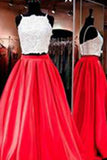 Red Real Made Two Piece Square Neck Sexy Prom Dress