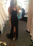Black Long Sexy V-Neck Side Slit Sequins Sparkle Sleeveless Evening Dress