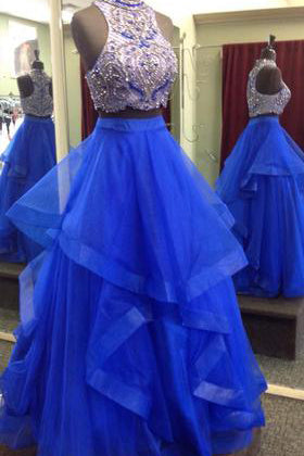 Royal Blue Two Piece Beaded Bodice Tulle Skirt Ball Gown Halter Sleeveless Prom Dresses PM224