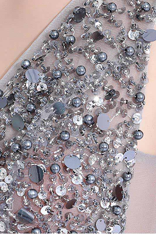 2018 New A-Line V-Neck Grey Tulle Beaded Long Sleeveless Backless Prom Dresses uk with Split PM884