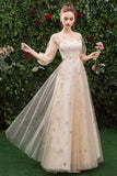 Princess A Line Long Sleeve Tulle Round Neck Evening Dress with Appliques Prom Gowns P1247