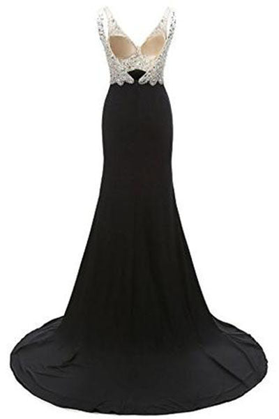 Mermaid Black V-Neck Crystal Beaded Long Prom Dresses With Side Slit