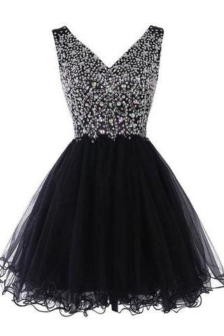 Sparkly Short Sleeveless V-Neck Beaded Tulle Crystals Homecoming Dresses