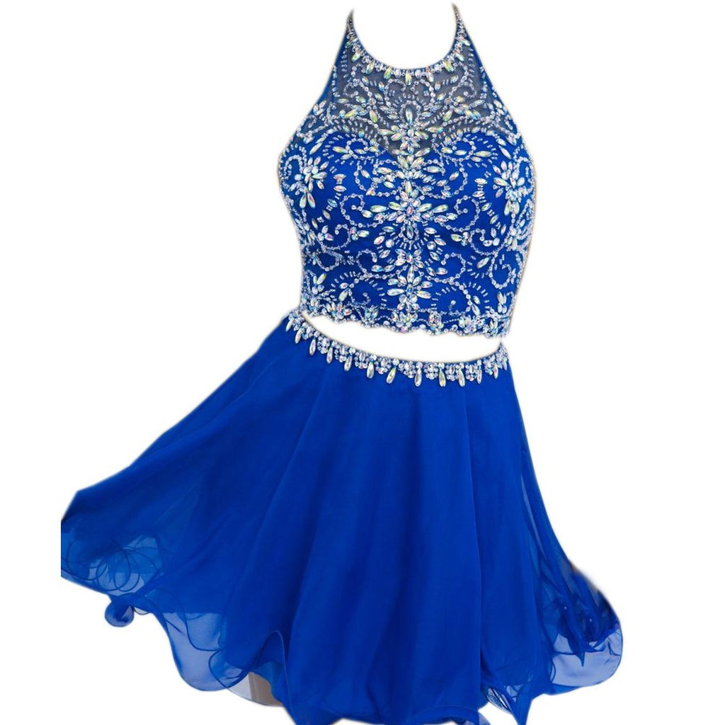 Elegant Halter Chiffon Blue Backless Cute Sexy Short Beaded Two Pieces Homecoming Dresses