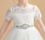Tulle Short Sleeves Ivory Flower Girl Dresses With Beading FL0006