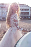 Tulle Scoop Neckline Pink A-Line Lace Appliques Long Sleeves Bowknot Wedding Dresses PH311