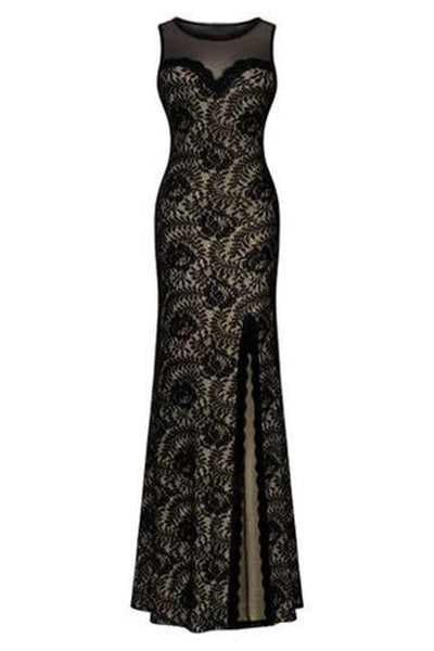 Sleeveless Black Lace Split Side Long Formal Evening Dress