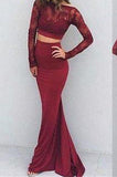 Two Pieces Burgundy Sexy Backless Lace Long Sleeves Evening Dress