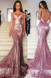 Mermaid Rose Gold Sequins Long Spaghetti Straps Backless Prom Dresses