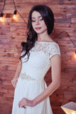 Lace Romantic White Chiffon A-Line Floor-Length Bateau Short Sleeve Wedding Dress PM413