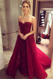 Sweetheart A Line Chic Burgundy Over Skirt Lace Beaded Long Prom Dresses