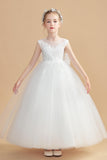 Round Neck Tulle Sleeveless Ivory Flower Girl Dresses With Bowknot FL0007