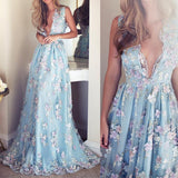 V-Neck Sleeveless Blue Tulle Appliques Affordable Long A-line Sleeveless Prom Dresses uk PM512