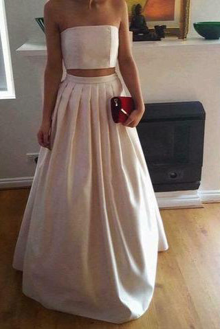 A Line Gorgeous Two Piece Ivory Satin Long Strapless Prom Dress PM151