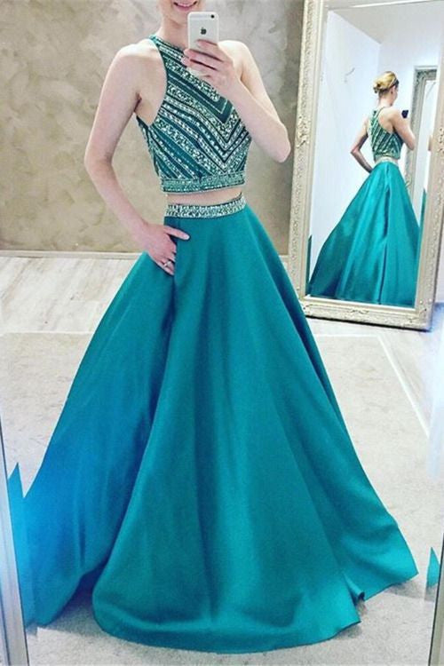 Luxury Two-Pieces Halter Evening Gowns Sleeveless A Line Crystal Prom Dress
