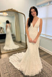 V Neck Lace Mermaid Wedding Dresses N044