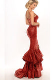 Spaghetti Straps Red Sequin Long Mermaid Front Slit Sparkle Long Prom Dresses uk PM520