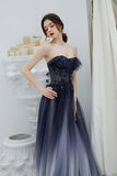 Princess A Line Ombre Strapless Tulle Beading Prom Dress P1564