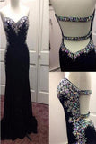 Black Beading Open Back Long Sheath Prom Dresses Evening Dresses