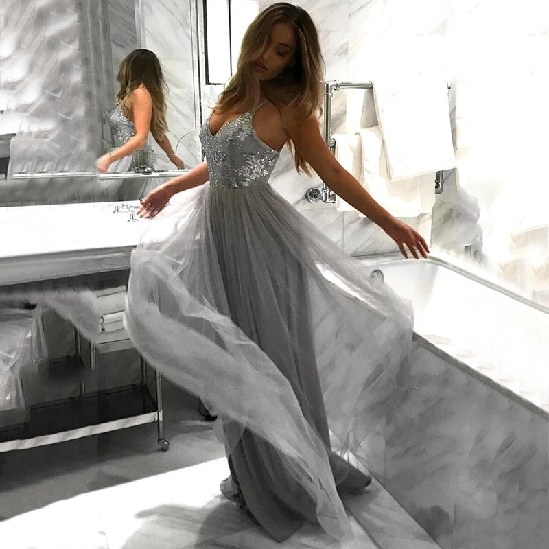 A Line Spaghetti Straps Flowy Grey Long Prom Dresses Tulle Cheap Dance Dresses P1166