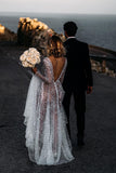 Sparkly See Through V Neck Long Sleeves Sequins Wedding Dresses N139