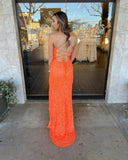 Sparkly Mermaid Scoop Neck Orange Sequins Long Prom Dresses with Slit