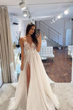 A-line V Neck Sparkly Tulle Wedding Dress with Appliques N134