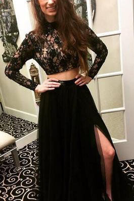 Long Sleeves Black Two Pieces Beaded Lace Prom Dresses