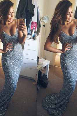 Stunning Mermaid V-Neck Spaghetti Straps Beading Appliques Long Prom Dress