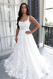 A-line Square Neck Tulle Long Wedding Dress with Lace N102