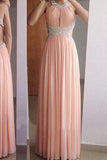 Sexy A Line Backless Blush Pink Chiffon Sleeveless Beads Long Prom Dress