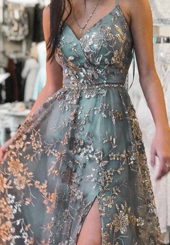 A-Line Straps Sequins Lace Prom Dress Split Evening Dress N351