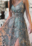 A-Line Straps Sequins Lace Prom Dress Split Evening Dress N351