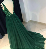 A Line V-Neck Backless Dark Green Tulle Prom Dresses with Sequins PH696
