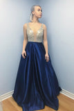A-Line V Neck Backless Sweep Train Dark Blue Satin Prom Dress with Beads PW631