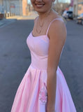 A-line Spaghetti Straps Pink Satin Long Prom Dress With Pockets
