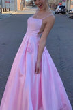 A-line Spaghetti Straps Pink Satin Long Prom Dress With Pockets
