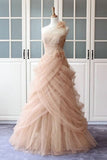 A Line One Shoulder Pink Tulle Ruffles Long Prom Dress Sexy Evening Dress P1017