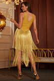 Gold tassel sleeveless v-back Short Homecoming Dress