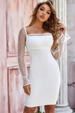 White Square Neck Long Mesh Sleeves Bandage Homecoming Dresses