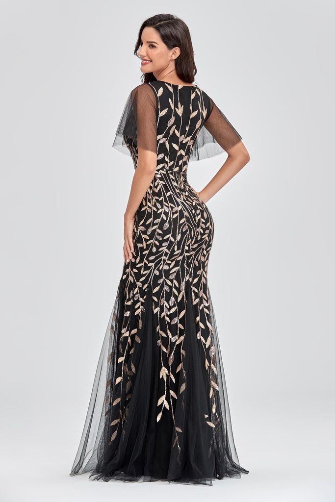 Elegant Mermaid V-Neck Black And Gold Long Prom Dresses