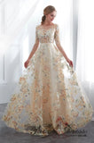 A Line Floral Appliques 3/4 Sleeves Empire Waist Long Prom Dress P1211