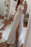 A Line Halter Lace Top Chiffon Long Prom Dresses With Split PH788
