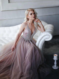 Fashion A-line Deep V-Neck Tulle Long Prom Dress