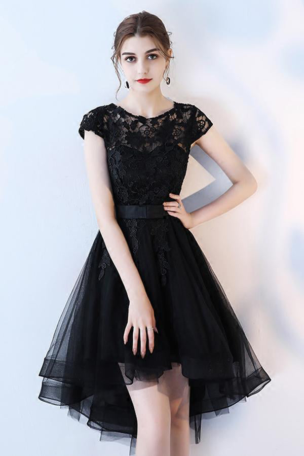 A Line Black High Low Scoop Cap Sleeve Tulle Homecoming Dresses with Lace, Prom Dress PW854