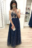 A Line Dark Blue Long Prom Dresses, Sequins Sleeveless Evening Party Dresses PW905