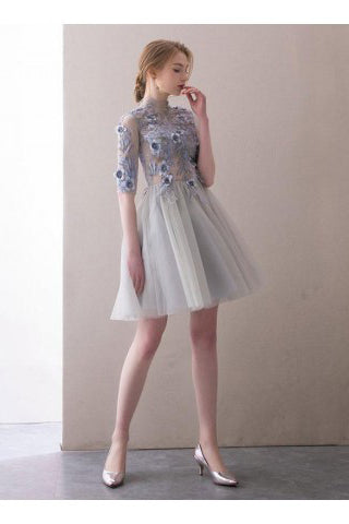 A Line Half Sleeve Lace High Neck Tulle Homecoming Dresses PW819